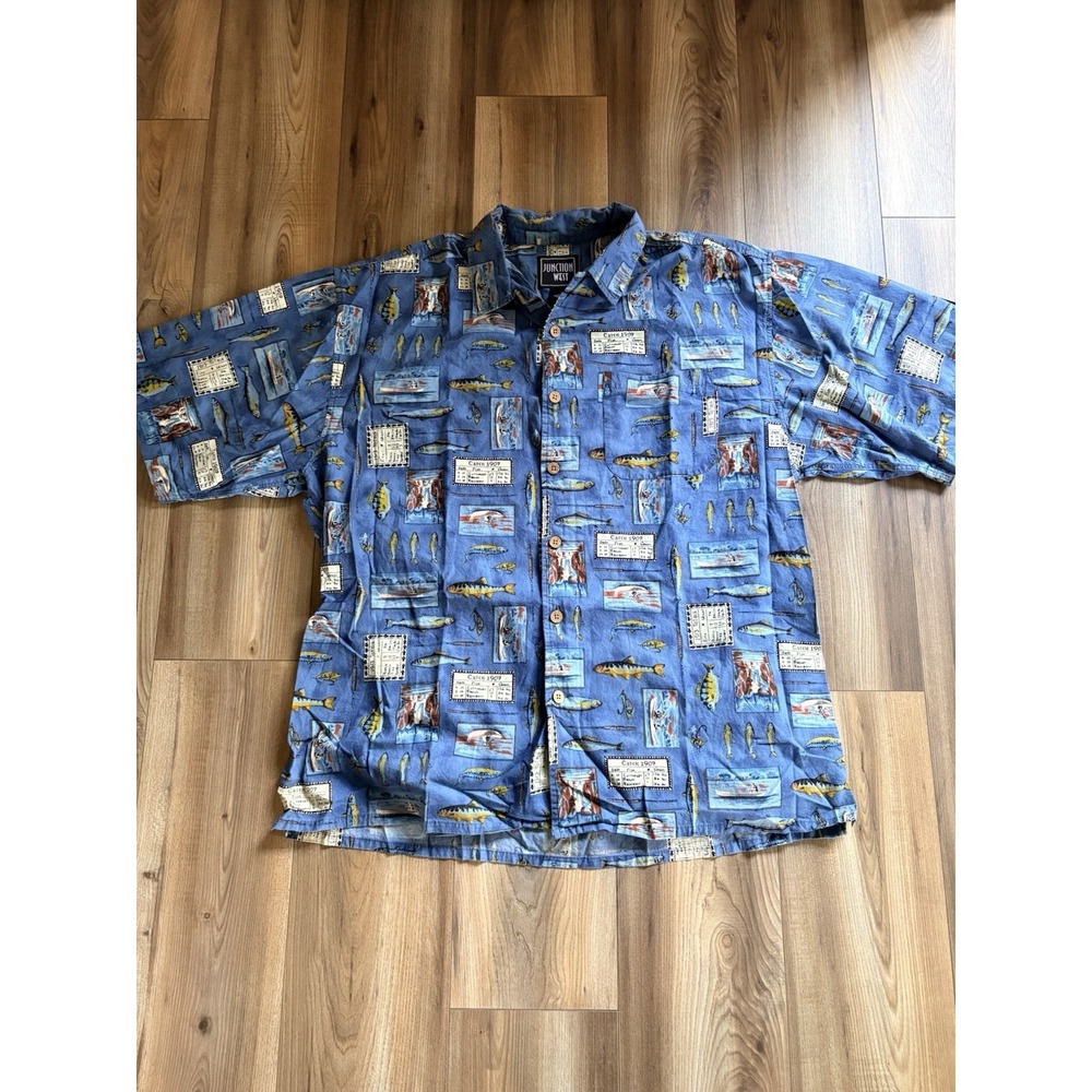 Junction West‎ 100% Breathable Cotton Fish Print Shirt-XXL Blue Fishing Beach